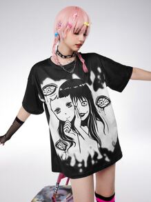 ROMWE Anime Áo thun nữ - màu đen - Xem 1