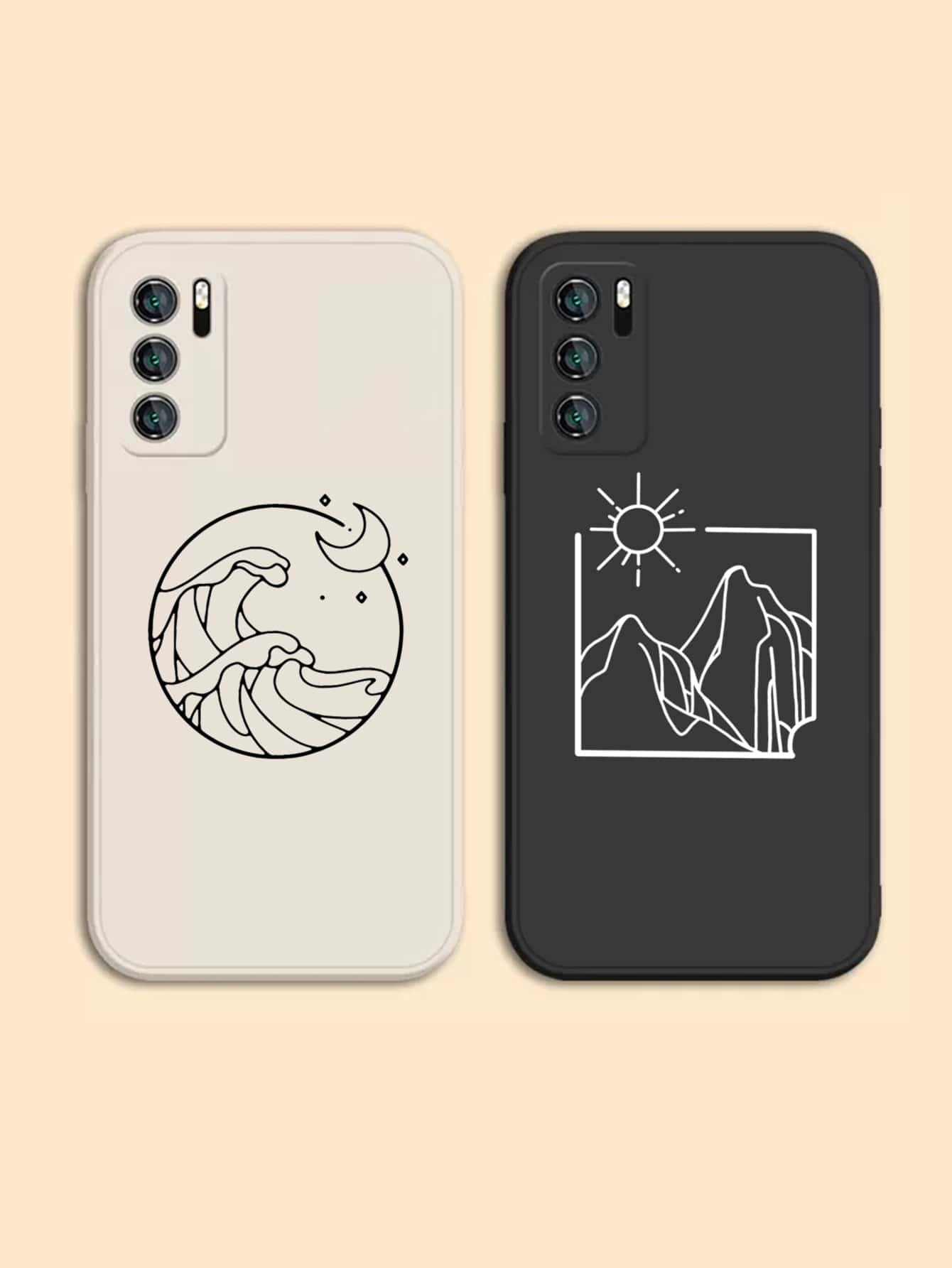 1入情人節太陽和月亮圖案手機殼，適用於iPhone 15 Promax 14 13 12 11 - 黑與白 - 查看 1