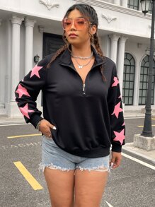 SHEIN Coolane Plus Star Print Half Zip Sweatshirt - Black - View 1