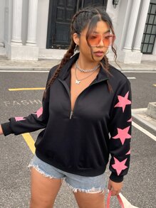 SHEIN Coolane Plus Star Print Half Zip Sweatshirt - Black - View 4
