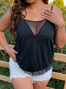 SHEIN Clasi Plus Contrast Mesh Cami Top - Black - View 4