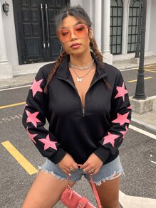 SHEIN Coolane Plus Star Print Half Zip Sweatshirt - Black - View 6