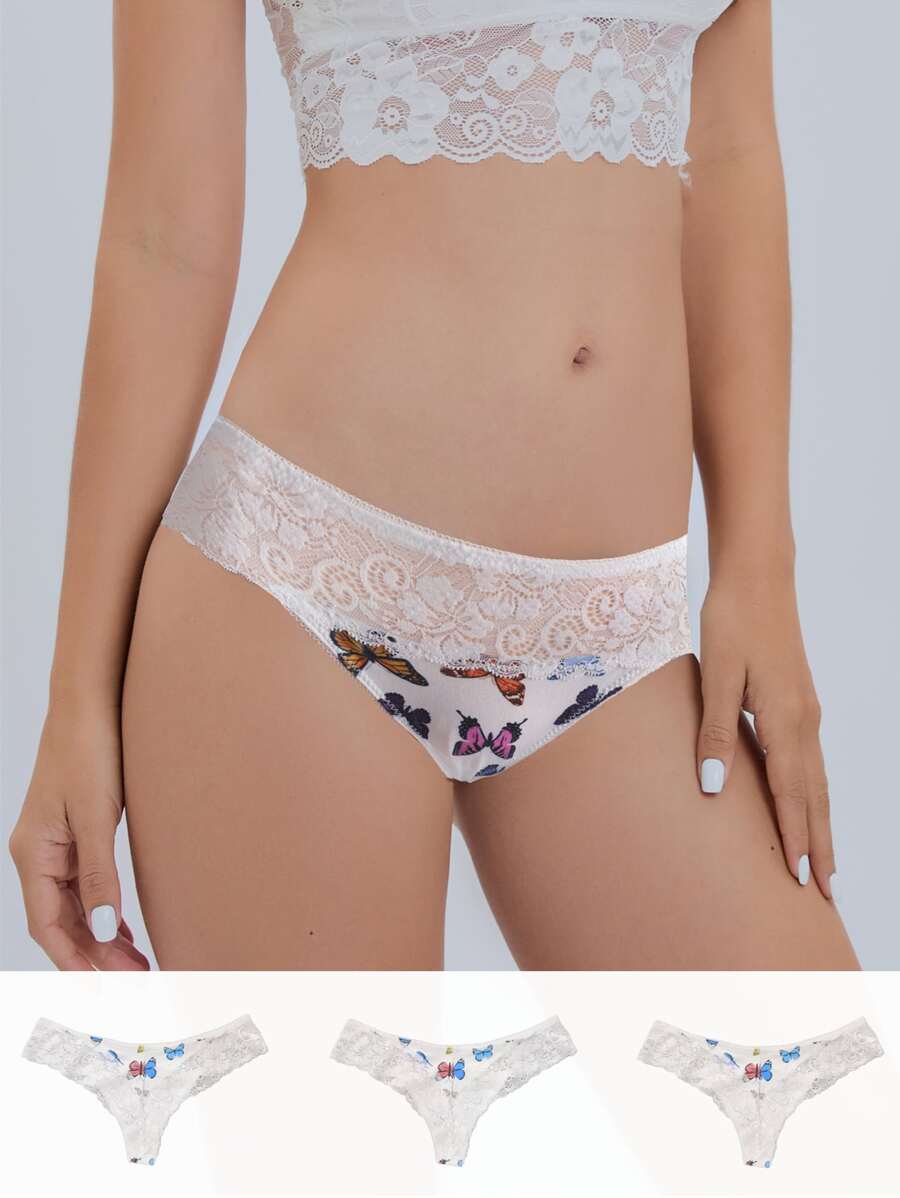 3pack Butterfly Print Contrast Lace Panty - White - View 1