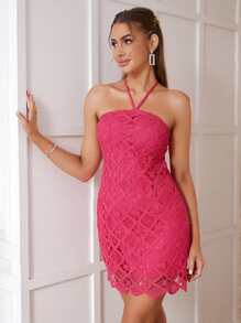 D&M 提花蕾絲繞頸露背洋裝 - 西瓜粉 - 查看 1