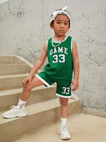 SHEIN Bộ thời trang bé trai Tương phản ràng buộc Lá thư Sọc Giải trí - Màu xanh lá cây đậm - Xem 1