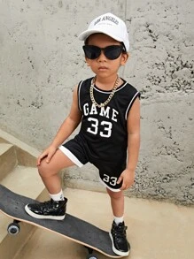 SHEIN 男童字母圖形條紋拼接籃球背心套裝 - 黑色 - 查看 1