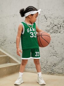 SHEIN Bộ thời trang bé trai Tương phản ràng buộc Lá thư Sọc Giải trí - Màu xanh lá cây đậm - Xem 4