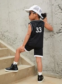 SHEIN 男童字母圖形條紋拼接籃球背心套裝 - 黑色 - 查看 2