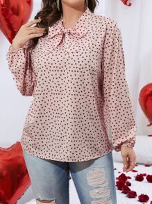 Calvaya Plus Heart Print Tie Neck Blouse - Baby Pink - View 1
