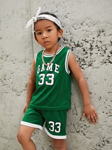 SHEIN Bộ thời trang bé trai Tương phản ràng buộc Lá thư Sọc Giải trí - Màu xanh lá cây đậm - Xem 5