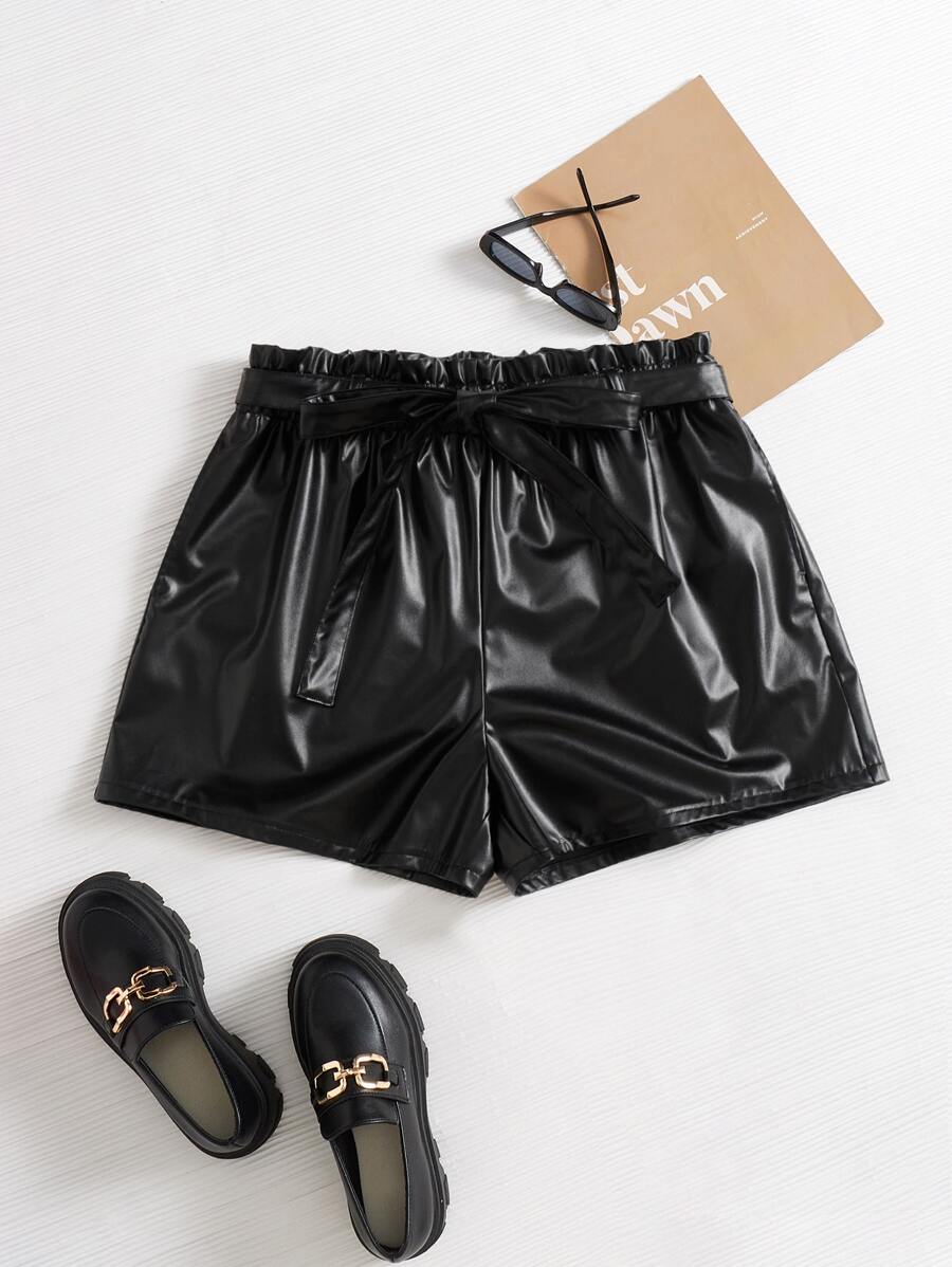 SHEIN Clasi Plus Paperbag Waist Belted Shorts - Black - View 1