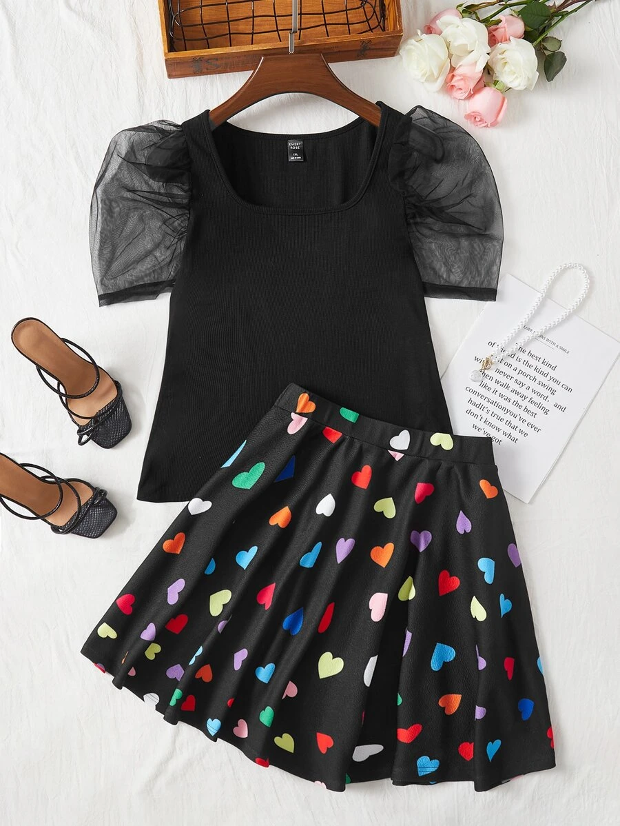 SHEIN Clasi Plus 1 PC Mesh Puff Sleeve Top & 1 PC Heart Print Skirt Set - Black - View 1