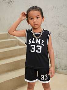 SHEIN 男童字母圖形條紋拼接籃球背心套裝 - 黑色 - 查看 3