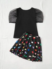 SHEIN Clasi Plus 1 PC Mesh Puff Sleeve Top & 1 PC Heart Print Skirt Set - Black - View 2