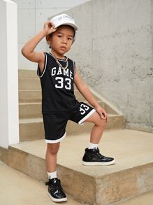 SHEIN 男童字母圖形條紋拼接籃球背心套裝 - 黑色 - 查看 4