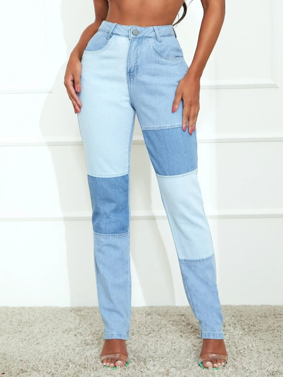 SHE(IN) BRASIL High Waist Colourblock Jeans - Light Wash - View 1