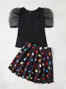 SHEIN Clasi Plus 1 PC Mesh Puff Sleeve Top & 1 PC Heart Print Skirt Set - Black - View 3