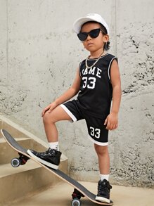 SHEIN 男童字母圖形條紋拼接籃球背心套裝 - 黑色 - 查看 5