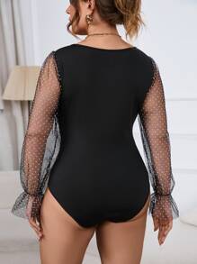 Calvaya Plus Contrast Dobby Mesh Flounce Sleeve Ruched Bust Sweetheart Neck Bodysuit - Black - View 3
