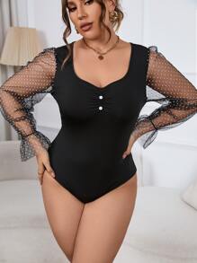 Calvaya Plus Contrast Dobby Mesh Flounce Sleeve Ruched Bust Sweetheart Neck Bodysuit - Black - View 5
