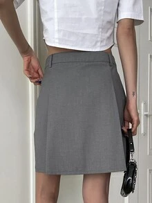 DAZY High Waist Slant Pocket Skirt Without Belt - Grey - View 2