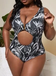 Traje de baño de una pieza con recortes y estampado de piel de serpiente, ideal para el verano y las vacaciones en la playa - Blanco y Negro - Ver 4