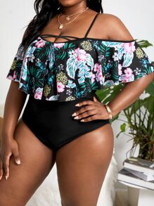 大碼熱帶圖案挖肩荷葉邊前交叉連體泳衣 - 彩色 - 查看 3
