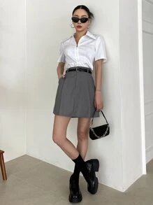 DAZY High Waist Slant Pocket Skirt Without Belt - Grey - View 8