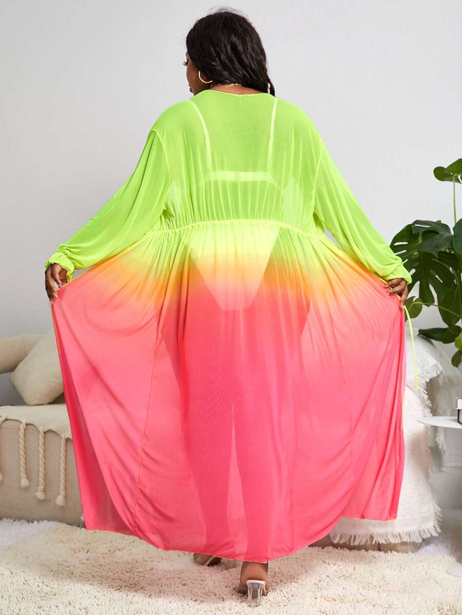 Plus Ombre Print Drawstring Waist Kimono - Multicolor - View 1
