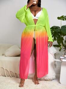 Plus Ombre Print Drawstring Waist Kimono - Multicolor - View 2