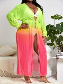Plus Ombre Print Drawstring Waist Kimono - Multicolor - View 4