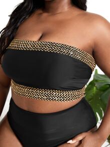 SHEIN Swim Curve Summer Beach Plus Stitch Detail Bandeau Bikini Top - Black - View 3