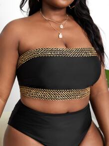 SHEIN Swim Curve Summer Beach Plus Stitch Detail Bandeau Bikini Top - Black - View 4