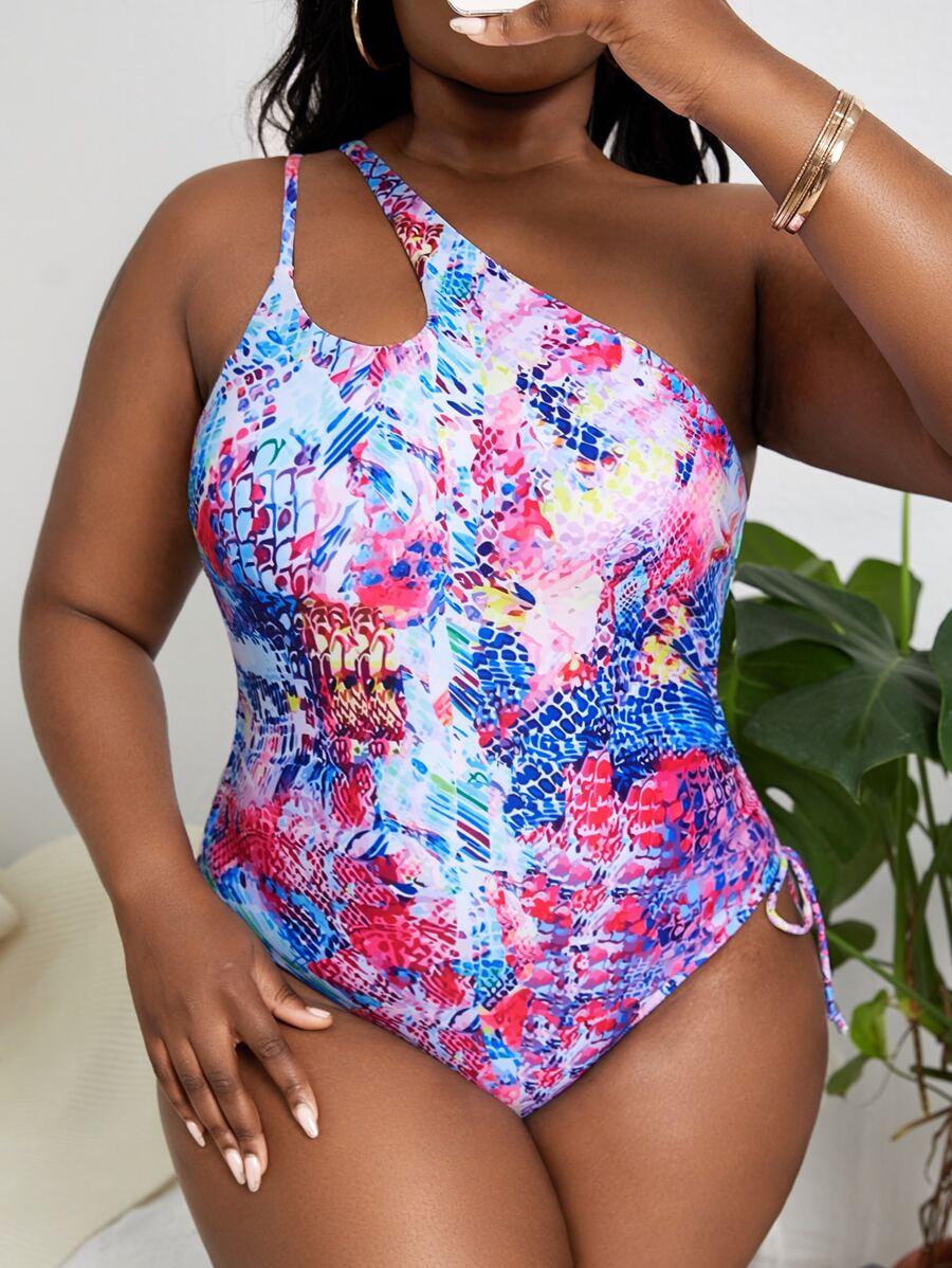 Plus Snakeskin Print One Shoulder One Piece Swimsuit - Multicolor - View 1