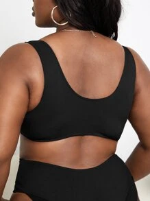 SHEIN Swim Curve Top bikini tejido de canalé fruncido - Negro - Ver 2