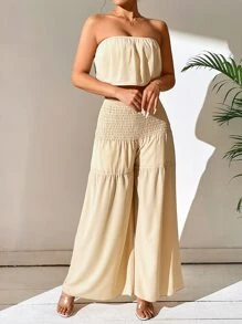 Breezaya Crop Tube Top & Shirred Wide Leg Trousers - Khaki - View 3