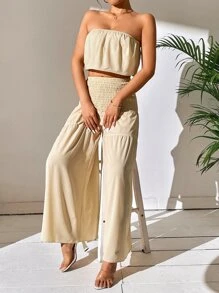 Breezaya Crop Tube Top & Shirred Wide Leg Trousers - Khaki - View 5
