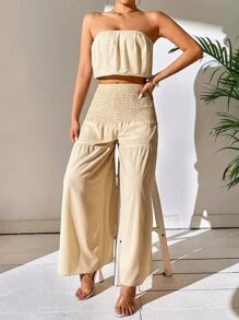 Breezaya Crop Tube Top & Shirred Wide Leg Trousers - Khaki - View 6