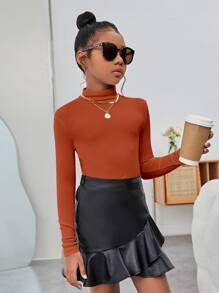 SHEIN Tween Girl Solid Color Long Sleeve Ribbed Knit T-Shirt With Mock Neckline - Burnt Orange - View 1