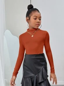 SHEIN Tween Girl Solid Color Long Sleeve Ribbed Knit T-Shirt With Mock Neckline - Burnt Orange - View 3
