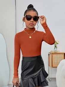 SHEIN Tween Girl Solid Color Long Sleeve Ribbed Knit T-Shirt With Mock Neckline - Burnt Orange - View 4