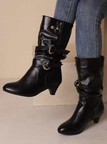 Studded & Buckle Decor Slouchy Boots - Black - View 1
