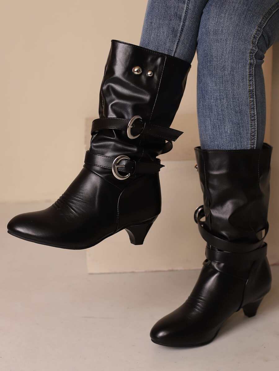Studded & Buckle Decor Slouchy Boots - Black - View 1