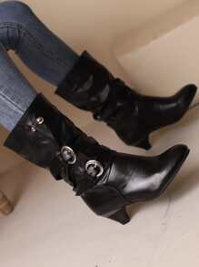 Studded & Buckle Decor Slouchy Boots - Black - View 3