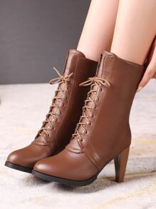 Lace-up Front Cone Heeled Boots - Brown - View 1