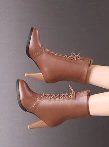 Lace-up Front Cone Heeled Boots - Brown - View 2