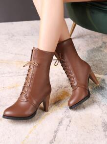 Lace-up Front Cone Heeled Boots - Brown - View 3