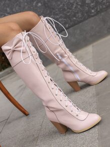 Bow Decor Side Zipper Classic Boots - Baby Pink - View 1