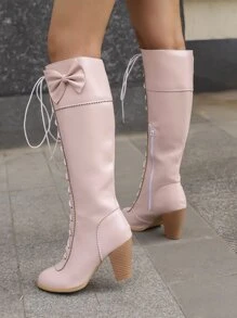 Bow Decor Side Zipper Classic Boots - Baby Pink - View 2