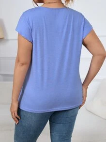 SHEIN LUNE Plus Contrast Lace Butterfly Sleeve Button Detail Tee - Blue - View 3